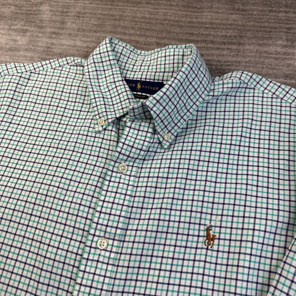 Ralph Lauren Shirt Mens Large Green Blue Plaid Flesh Pony Button Up